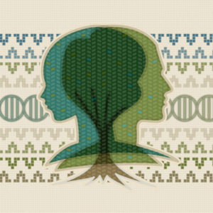 Illustration of male and female DNA and a family tree